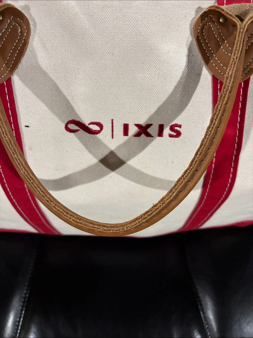 LL Bean Red & Cream Canvas Tote Bag with Leather Handles